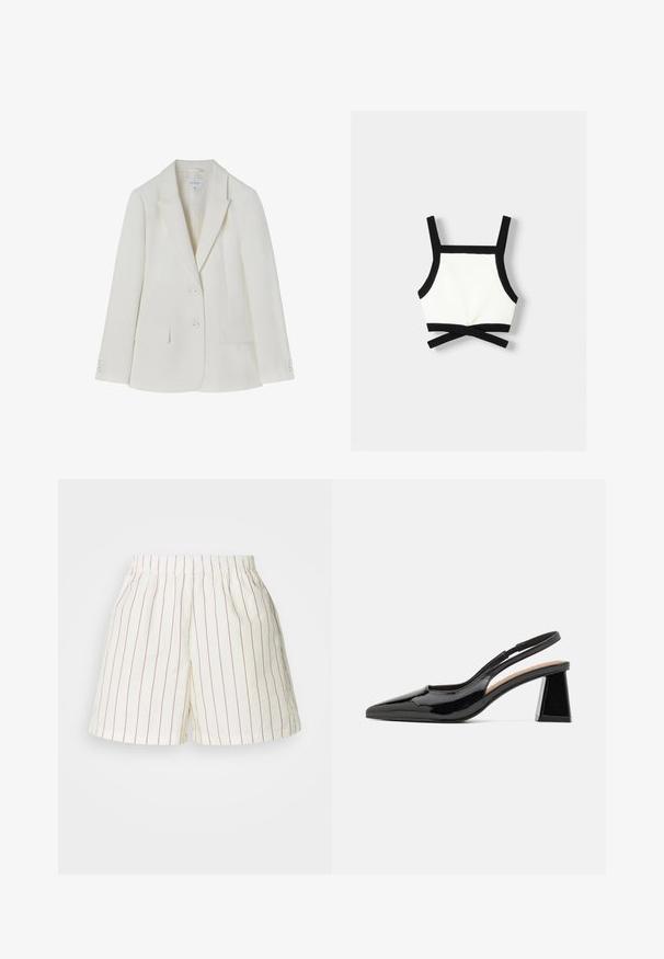 Vit skräddarsydd kavaj med slagkrage, två framfickor och tvåknapplåsning. Slät tyg med subtil textur. Storlek 36.; Svart och vit sport-bh med justerbara axelband, en åtsittande design och en korsad ryggdetalj. Tillverkad av sträckt, texturerat material.; Vita shorts med röda vertikala ränder, med elastisk midja och avslappnad passform. Tillverkade av ett lätt bomullsmaterial.; Svarta lackade slingback-klackar med spetsig tå, som har en unik geometrisk blockklack och en slät yta. Justerbar rem för stöd.