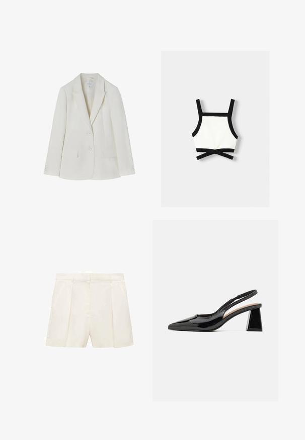 Bela obleka z ovratnikom, z dvema sprednjima žepoma in zapenjanjem na dva gumbka. Gladek material z rahlo teksturo. Velikost 36.; Črno-bela športna bralette z nastavljivimi naramnicami, prilegajočim dizajnom in križnim detajlom na hrbtu. Narejena iz elastičnega, teksturiranega materiala.; Kremna oblačila z izjemo hlače z naborki, ki imajo gladko teksturo in strukturiran pas. Sprednji žepi na vsaki strani.; Črne lakaste sandale s peto in ostrim nosom, ki imajo edinstveno geometrijsko blok panto. Gladka tekstura. Prilagodljiv trak za podporo.