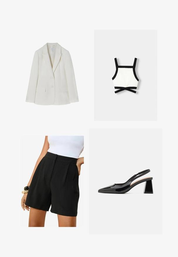 Hvid skræddersyet blazer med reverskrave, to frontlommer og lukning med to knapper. Glat stof med subtil tekstur. Størrelse 36.; Sort og hvid sports-bh med justerbare stropper, en tætsiddende design og krydsrygdetalje. Fremstillet af strækbart, tekstureret materiale.; Friends Like These REGULAR FIT - TAILORED ELASTIC BACK - Shorts - black; Sorte patent slingback hæle med spids tå, der har en unik geometrisk blokhæl og en glat tekstur. Justerbar rem for støtte.
