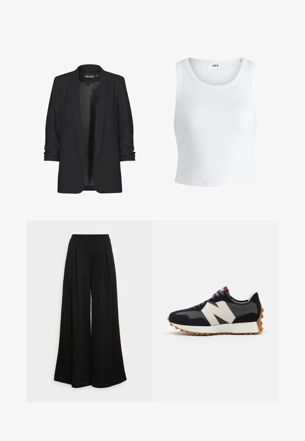 Blazer negro con cuello chal, delantero abierto y mangas remangadas. Tela suave con un acabado elegante, sin cierres ni detalles visibles.; Top de tirantes blanco con canalé, con un cuello redondo, diseño sin mangas y largo corto. La etiqueta dice "JJXX". Textura de tela suave.; Pantalones negros de pierna ancha hechos de una tela suave, con pliegues frontales y una cintura alta, que garantizan una silueta fluida.; Zapatillas de ante negras y grises con un gran logo "N" en color crema, cordones morados y una suela de goma texturizada en color marrón.