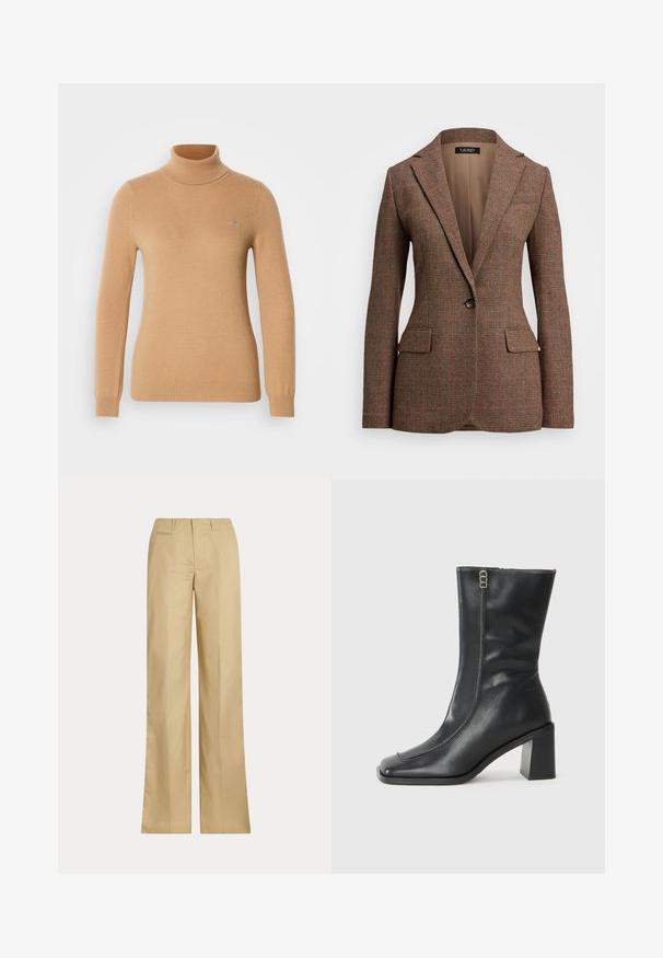 Pruun tekstuuriga bleiser, millel on herringbone muster, ühe nupuga kinn closures ning kaks esikotti. Vooderdatud interjöör koos notch-kraega.; Beige kõrge kaelusega kampsun, mis on valmistatud pehmest kudumisest, omades pikki varrukaid ja diskreetset brändi logo rinnal. Ribatre kord ja hem.; Beezid laiad püksid, mis on valmistatud siledast puuvillast, klassikalise vöökoht ja tagataskuga, sirge lõike ja minimaalsete detailidega.; Must musta ankle boot ruudukujulise nina, külgse lukuga ja paksu, ruudukujulise kontsaga. Omab kontrastset õmblust eesmisel õmblusel.