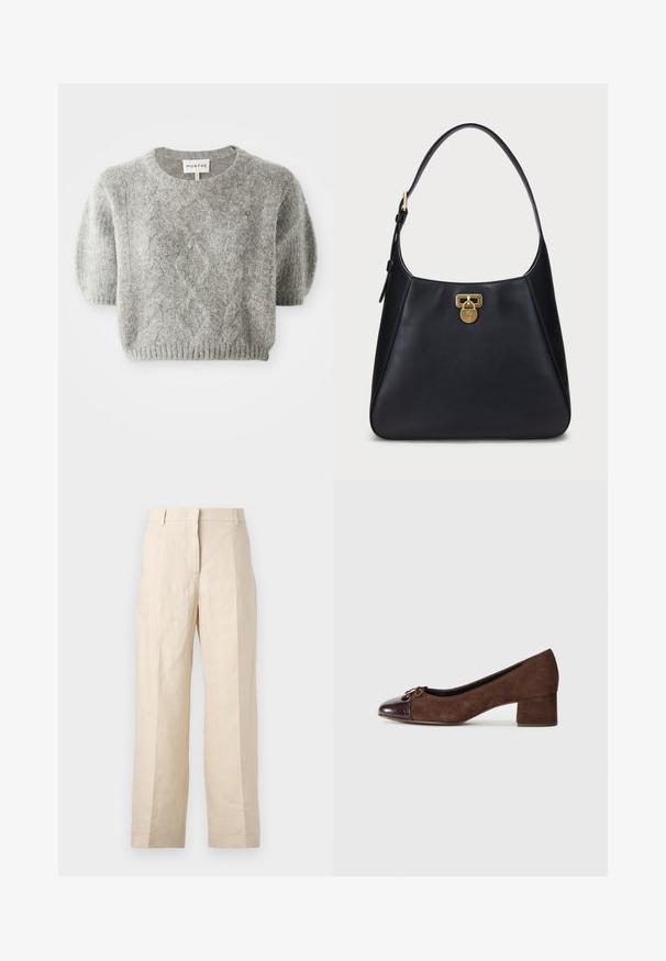 Pruun tekstuuriga bleiser, millel on herringbone muster, ühe nupuga kinn closures ning kaks esikotti. Vooderdatud interjöör koos notch-kraega.; Halluxi lühikeste varrukatega hall pullover, millel on soonikkoes muster ja ribavarred. Valmistatud pehmest, tekstureeritud materjalist. Brändi silt on kaelusel nähtav.; Bež linasest püksid, millel on lõtv istuvus, volditud eesmine osa ja sirged jalad. Omab vööd, millel on vöökohaga silmused, ja nähtavaid taskuid ei ole.; Pruun nubukpump, millel on läikiv tumepruun krokodillikujutisega varbakate ja madal, paks konts. Ees on väike paelte detail.; Must mustrikotist õlakott, millel on kumer disain, kuldse lukuga sulgemine ja ümar rihm. Sile tekstuur, minimaalsed aktsendid.