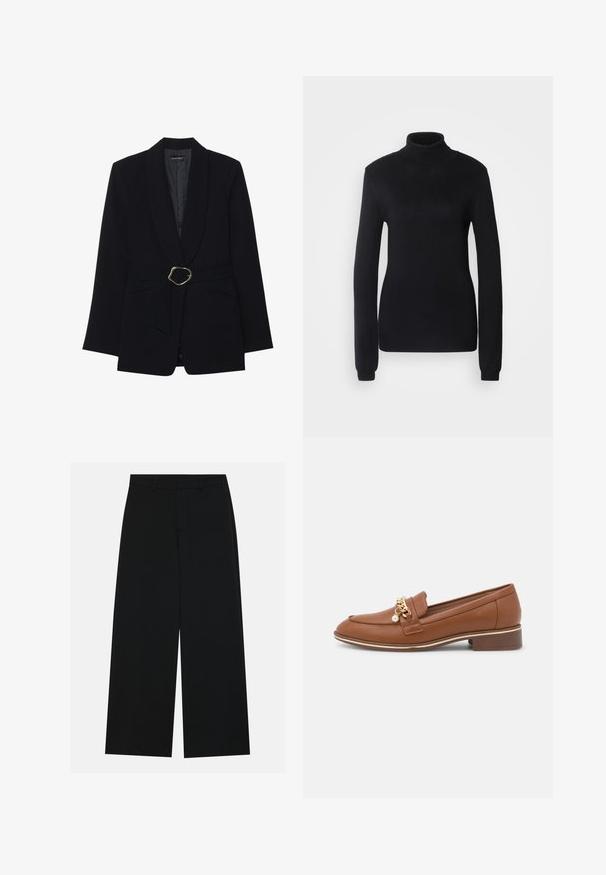 Musta räätälöity jakku, jossa on shaalikaulus, vyötärölle solmittava vyö kultaisilla metallisoljilla ja kaksi etutaskua. Sileä kankaan rakenne.; Musta poolneule, joka on valmistettu pehmeästä neulekankaasta. Se on pitkähihainen ja hyvin istuva, jossa on ribbollinen kaulus ja vyötärö.; Löysi mustat housut, jotka on valmistettu sileästä kankaasta. Niissä on tasainen vyötärö, jossa on vyölenkit, eikä näkyviä taskuja. Yksinkertainen muotoilu.; Ruske nahodne loafer čevlje z zlatim verižnim okrasom in bisernim detajlom. Imajo zaobljen nos in nizko blokasto peto. Gladka tekstura in eleganten dizajn.