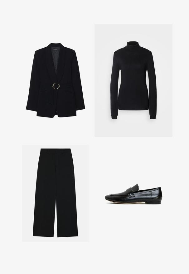 Svart skräddarsydd kavaj med sjalkrage, bälte i midjan med ett spänne i guldton, och två framfickor. Slät tygtextur.; Svart polotröja gjord av ett mjukt stuckt tyg, med lång ärm och en figurnära silhuett samt ribbad krage och fåll.; Breda svarta byxor i ett mjukt tyg. Har en platt midja med bälteshällor och inga synliga fickor. Enkelt design.; Svarta läderloafers med en slät yta, rund tå och ett dekorativt band över framsidan. Lätt sula med en liten klack.