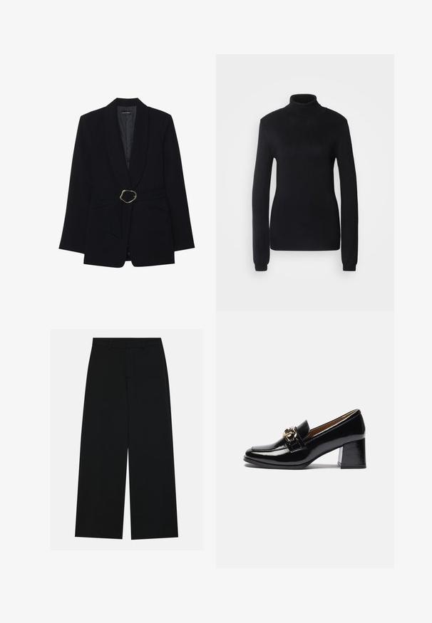 Svart skreddersydd blazer med sjal krage, belted midje med en gullfarget metallspenne, og to frontlommer. Glatt stofftekstur.; Svart turtleneck genser laget av myk strikket stoff, med lange ermer og en tettsittende silhuett med en ribbestrikket krage og kant.; Vide benklær i svart, laget av et glatt stoff. Har en flat midje med beltehemper og ingen synlige lommer. Enkelt design.; Svarte lakkloafers med hæl som har rund tå, kraftigere hæl og en gulldetalj på frontreimen.