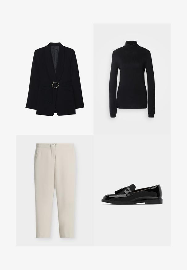 Juodas pritaikytas švarkas su šyšo apykakle, diržo juosmeniu su auksinės spalvos metaliniu sagtimi ir dviem priekinėmis kišenėmis. Lygi audinio tekstūra.; Juodas golfas, pagamintas iš minkštos megztos medžiagos, su ilgomis rankovėmis ir prigludusia siluete, turintis gyslotą apykaklę ir apatinę kraštą.; Smėlio spalvos siuvinėtos kelnės su tiesia koja, šoninėmis kišenėmis ir priekinėmis užtrauktuku. Lygi medžiaga su švariu, minimalistiniu dizainu.; Juodi lakiniai odiniai loaf'eriai su plokščiu kulnu, turintys kutą ir lygų paviršių, suapvalintu smailumi ir švelniu siuvimu.