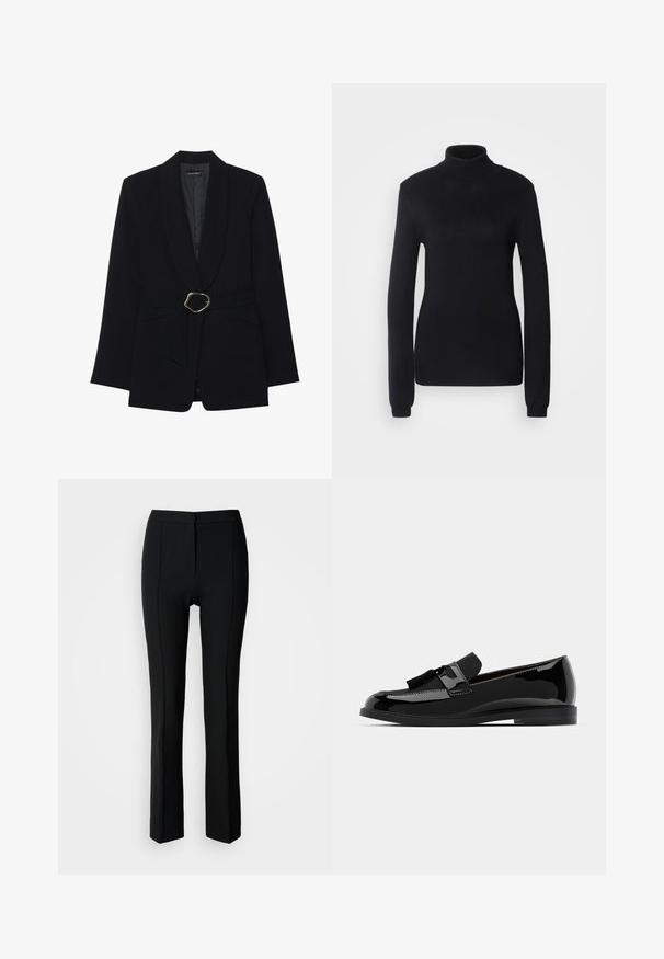 Blazer preto ajustado com colarinho xale, cintura cingida com fivela metálica dourada e dois bolsos frontais. Textura de tecido suave.; Suéter de gola alta preto feito de um tecido de malha suave, com mangas longas e uma silhueta ajustada, apresentando um colarinho e bainha canelados.; Calças pretas com um corte ajustado, apresentando uma textura suave, um design de perna reta e detalhes sutis de costura frontal.; Mocassins pretos em couro verniz com salto baixo, apresentando um detalhe em franja e superfície lisa, desenhados com um bico arredondado e costura subtil.