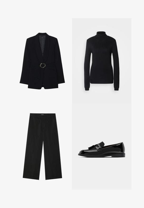 Zwarte op maat gemaakte blazer met een sjawl kraag, een ceintuur in de taille met een goudkleurige metalen gesp en twee voorzakken. Gladde stofstructuur.; Zwarte coltrui van een zachte brei-stof, met lange mouwen en een aansluitende pasvorm, voorzien van een geribbelde kraag en zoom.; Zwarte wide-leg broek gemaakt van een gladde stof, met een sluiting met een knop aan de voorkant en twee zijzakken; een schone uitstraling zonder zichtbare patronen.; Zwarte lakleren loafers met een platte hak, voorzien van een kwastaccent en een glad oppervlak, ontworpen met een ronde neus en subtiele stiksels.