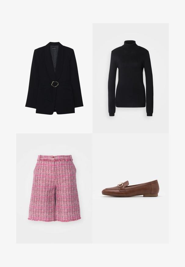 Blazer negro entallado con cuello de chal, cintura con cinturón que presenta una hebilla de metal en tono dorado y dos bolsillos frontales. Textura de tela suave.; Suéter de cuello alto negro hecho de una suave tela de punto, con mangas largas y un corte ajustado, con un cuello y dobladillo de canalé.; Pantalones cortos de tweed rosa con un patrón texturizado y dobladillo deshilachado. Presentan una cinturilla con cierre de botón. Tejido ligero, longitud hasta media muslo.; Mocasines de cuero marrón con suela plana, un diseño de costura y un detalle de hebilla en tono dorado en la correa sobre el empeine.