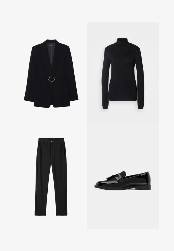 Blazer negro entallado con cuello de chal, cintura con cinturón que presenta una hebilla de metal en tono dorado y dos bolsillos frontales. Textura de tela suave.; Suéter de cuello alto negro hecho de una suave tela de punto, con mangas largas y un corte ajustado, con un cuello y dobladillo de canalé.; Pantalones negros de corte recto, hechos de una tela suave. Presenta una parte frontal plana, dos bolsillos laterales y un cierre con botón.; Mocasines de charol negro con tacón plano, con un acento de borlas y superficie lisa, diseñados con una puntera redondeada y costuras sutiles.