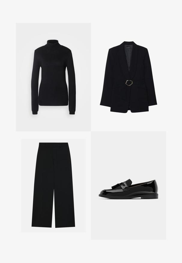 Black tailored blazer with a shawl collar, belted waist featuring a gold-tone metal buckle, and two front pockets. Smooth fabric texture.; Black turtleneck sweater made from a soft knit fabric, featuring long sleeves and a fitted silhouette with a ribbed collar and hem.; Wide-leg black trousers made of a smooth fabric. Features a flat waistband with belt loops and no visible pockets. Simple design.; Black patent leather loafers with a flat heel, featuring a tassel accent and smooth surface, designed with a rounded toe and subtle stitching.