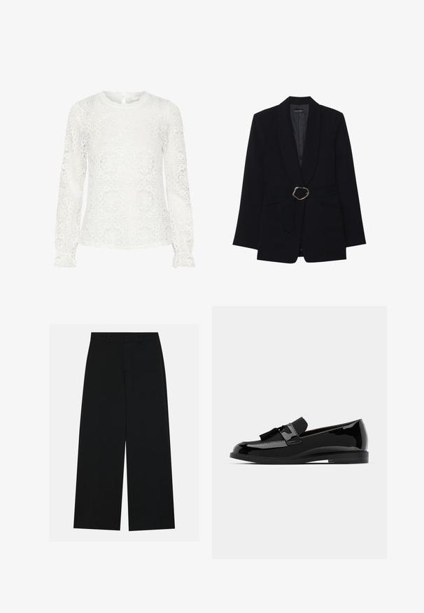Čierny sakový blejzer s šálovým golierom, opasok v páse s kovovou sponou v zlatej farbe a dvoma prednými vreckami. Hladká textúra látky.; Biela blúzka s dlhým rukávom z čipky, so geometrickými výrezmi, okrúhlym výstrihom a volánovými manžetami. Detail s kľúčovou dierkou na chrbte.; Pohodlné čierne nohavice s širokými nohavicami vyrobené z hladkého materiálu. Majú plochý pás s pútkami na opasok a žiadne viditeľné vrecká. Jednoduchý dizajn.; Čierne lakované kožené loafery s plochým podpätkom, s akcentom na mušľu a hladkým povrchom, navrhnuté s okrúhlou špičkou a jemným prešívaním.