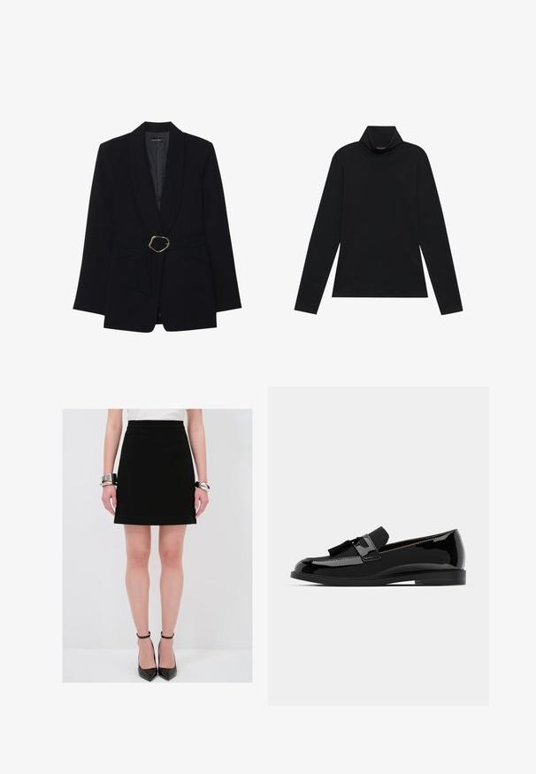 Blazer negro entallado con cuello de chal, cintura con cinturón que presenta una hebilla de metal en tono dorado y dos bolsillos frontales. Textura de tela suave.; Sudadera negra de manga larga con cuello alto. Tejido suave, diseño ajustado, cuello alto y costuras laterales. Estilo sencillo y versátil, adecuado para combinar en capas.; Falda negra en línea A con una textura suave, cintura entallada y costuras laterales sutiles. Combinada con elegantes tacones de aguja negros brillantes y pulseras de plata.; Mocasines de charol negro con tacón plano, con un acento de borlas y superficie lisa, diseñados con una puntera redondeada y costuras sutiles.