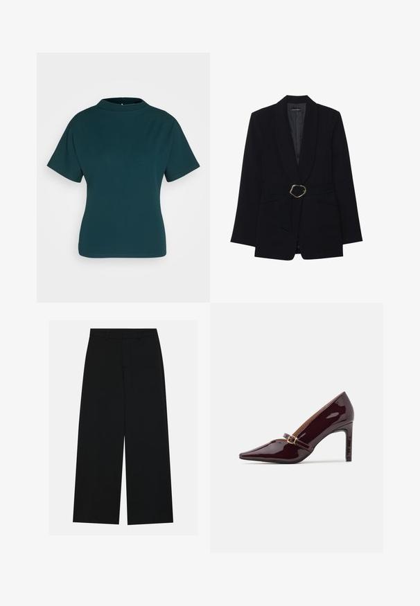 Black tailored blazer with a shawl collar, belted waist featuring a gold-tone metal buckle, and two front pockets. Smooth fabric texture.; Teal short-sleeve top with a high neckline, made of smooth fabric. Features a fitted silhouette and minimal stitching details.; Wide-leg black trousers made of a smooth fabric. Features a flat waistband with belt loops and no visible pockets. Simple design.; Patent burgundy high heel shoe with pointed toe, ankle strap featuring gold hardware, and a sleek, polished finish. Elevated stiletto heel.