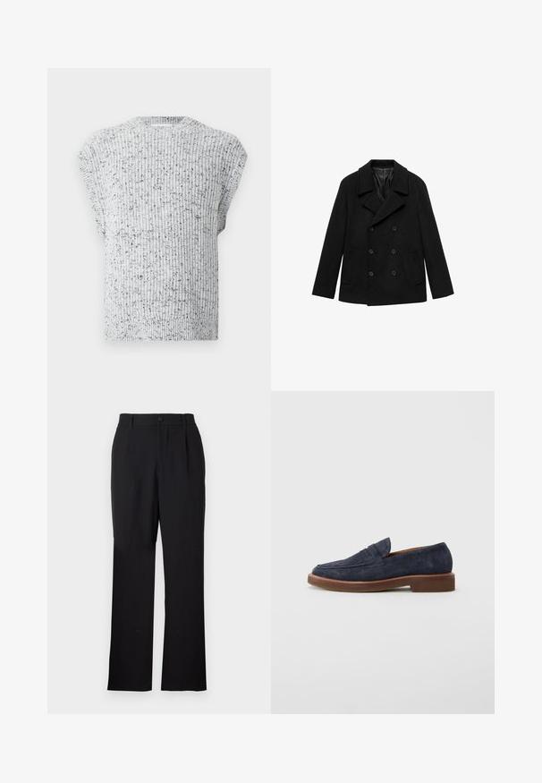Črn dvoredni plašč iz teksturirane tkanine, z režastim ovratnikom, dvema sprednjima žepoma in gumbnimi zaklepi.; Pleteni brezrokavnik v svetlo sivi barvi s črnimi pike in rebrastim okroglim izrezom ter robom.; Only & Sons ONSJEREMY LOOSE PANT - Hlače - black; Mornarsko modri semiš loafer z rjavim podplatom in nizkim peto, ki vsebuje klasičen model s stranko za penny.