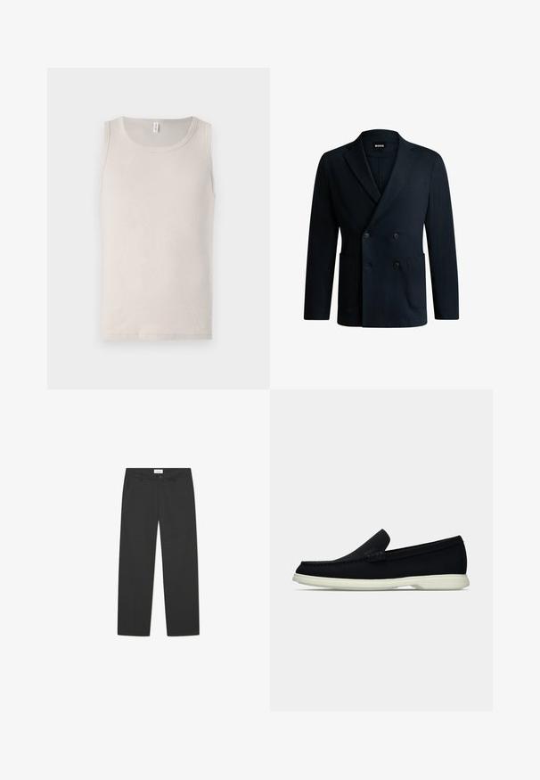 Divkrūšu tumši zils žakets, kas izgatavots no gludas auduma, ar divām priekšējām kabatām, vienu krūšu kabatu un elegantiem uzrakstiem.; Gai beigy t-krekls, kas izgatavots no mīksta kokvilnas, ar apaļu kakla izgriezumu un bez piedurknēm, ar gludu, ribotu tekstūru.; Melni bikses, kas izgatavotas no viegla auduma. Tām ir taisnu kāju dizains ar platu priekšpusi, sānu kabatām un diskretu jostasvietu.; Melna slīdnešuve ar noapaļu purngalu, ar teksturētu augšdaļu, gludu baltu zoli un diskrētu zīmola detalizāciju sānos.