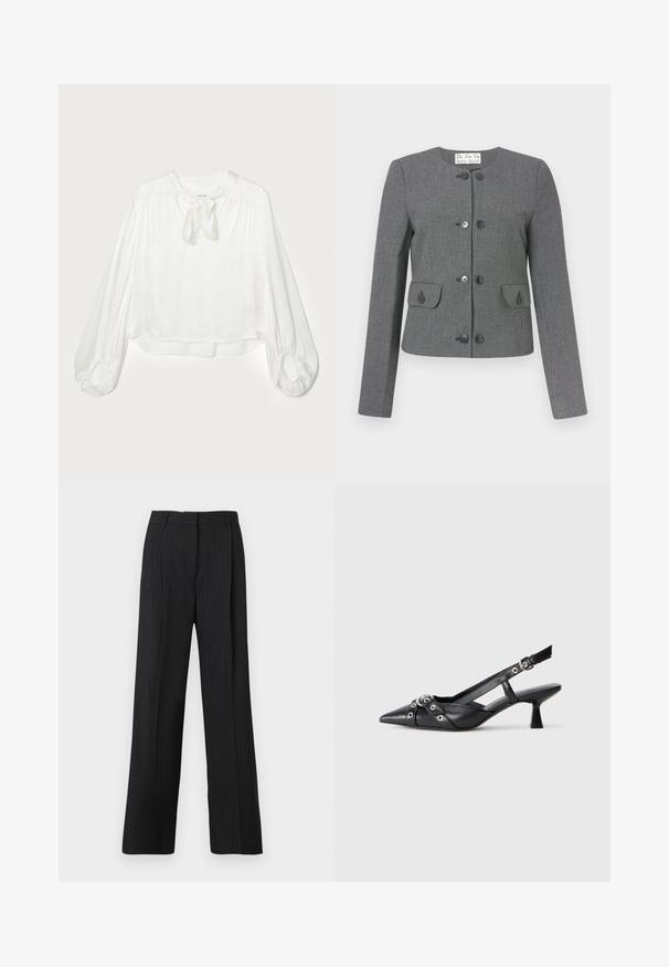 Grå rutigt jacka med rund hals, långa ärmar och framfickor. Har svarta knappar och en skräddarsydd passform.; Vit blus med rund halsringning och en knuten rosettdetalj. Har långa, puffiga ärmar med samlade manschetter och en lös passform. Mjuk, lättviktig tyg.; Svarta kostymbyxor med avslappnad passform, med flat front, två sidofickor och en mjuk tygkvalitet.; Svart lädersko med slingback-design, spetsig tå, dekorativa remmar med metallöglor och en låg klack. Texturerad yta.