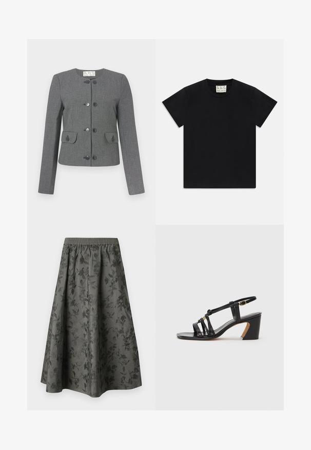 Pelēka šķēlēs jakka ar apaļu kakla izgriezumu, garām piedurknēm un priekšējiem kabatām. Ar melniem pogām un piegriezumu, kas pielāgots figūrai.; Melns īsām piedurknēm kreklus ar balto uzlīmi iekšā apkaklītē, kas apzīmēta ar "D.R.C. EST. 2002" uz baltas fona.; Tumši pelēks midi svārks ar elastīgu jostu, kura virsma rotāta ar reljefu ziedu rakstu, piešķirot tam papildu tekstūru un vizuālu interesi.; Paul Smith AMIRA - Klasiski papēži - black