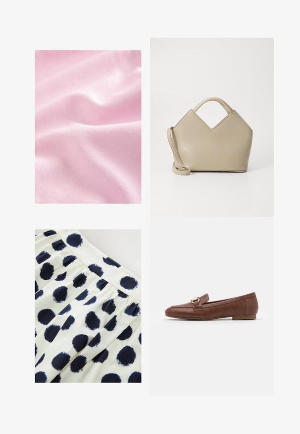 Roza blejzer s prilagojeno prileganjem, z dvema gumboma, režastimi ovratniki in stranskimi žepi. Gladek material z rahlo teksturirano površino.; Svetlo roza tkanina z gladko, svilnato teksturo in subtilnim leskom, z nežnimi gubami in fino pletenim vzorcem.; Bela krilna obleka z morsko modrimi krožnimi pikami. Krilo ima nabran pas in gladko teksturo.; Rjavi usnjeni loaferji s ploskim podplatom, šivanim dizajnom in zlatim kvačkanjem na traku čez vamp.; Bežna strukturirana torbica s V-oblikovanim vrhom, iz gladke usnjene tkanine, s kratkimi ročaji in dolgim, nastavljivim trakom. Minimalističen dizajn.