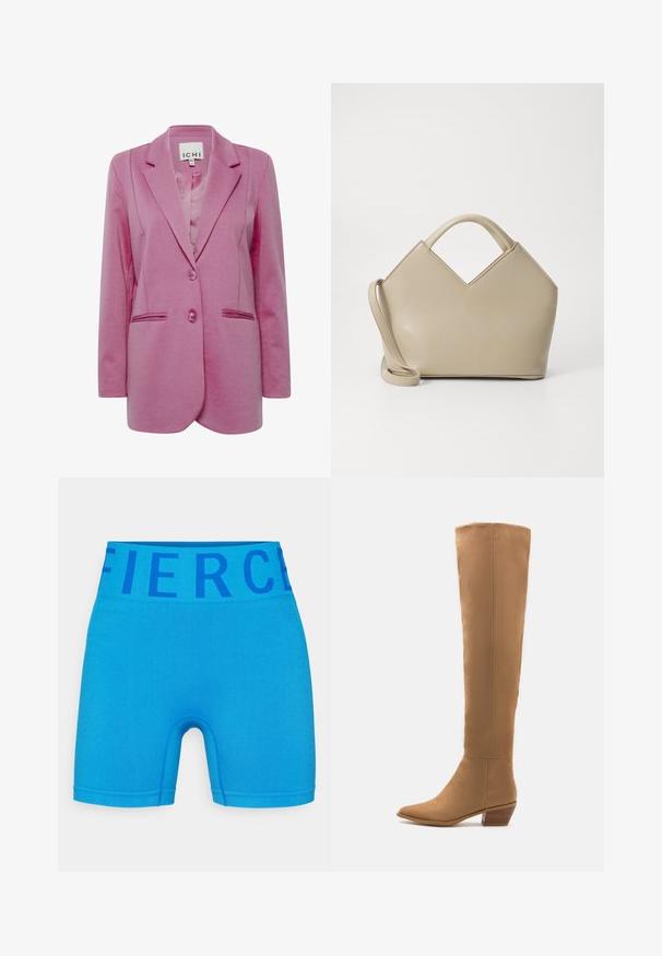 Blazer rosa con un corte ajustado, dos botones, solapas con muesca y bolsillos laterales. Tejido suave con un acabado ligeramente texturizado.; Camiseta de manga larga tipo crew en algodón azul claro sólido. Presenta un cuello redondo y costuras simples. La etiqueta dice "NEXT", talla S.; Pantalones cortos deportivos azules hechos de tela elástica, con una cinturilla ancha que lleva la palabra "Fierce" en azul oscuro. Superficie suave y diseño ajustado.; Botas de color marrón claro hasta la rodilla, fabricadas con un material suave, punta afilada y un tacón bajo y apilado. Diseño simple, sin patrones visibles ni acentos.; Bolso estructurado beige con una parte superior en forma de V, material de cuero suave, asas cortas y una correa larga y ajustable. Diseño minimalista.