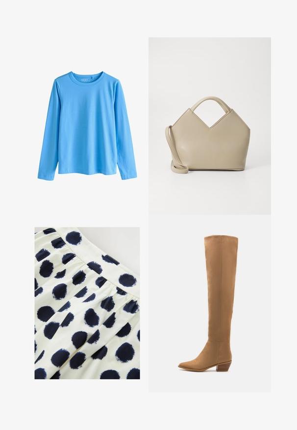 Roza blejzer s prilagojeno prileganjem, z dvema gumboma, režastimi ovratniki in stranskimi žepi. Gladek material z rahlo teksturirano površino.; Modra majica z dolgimi rokavi, izdelana iz mehke bombažne tkanine. Ima okrogel izrez, naravnost rezan kroj z všitimi robovi in brez vzorcev.; Bela krilna obleka z morsko modrimi krožnimi pikami. Krilo ima nabran pas in gladko teksturo.; Bodisi svetlo rjavi čevlji do kolen, izdelani iz gladkega materiala, s koničastim nosom in nizko stebričkasto peto. Preprost dizajn, brez vidnih vzorcev ali dodatkov.; Bežna strukturirana torbica s V-oblikovanim vrhom, iz gladke usnjene tkanine, s kratkimi ročaji in dolgim, nastavljivim trakom. Minimalističen dizajn.