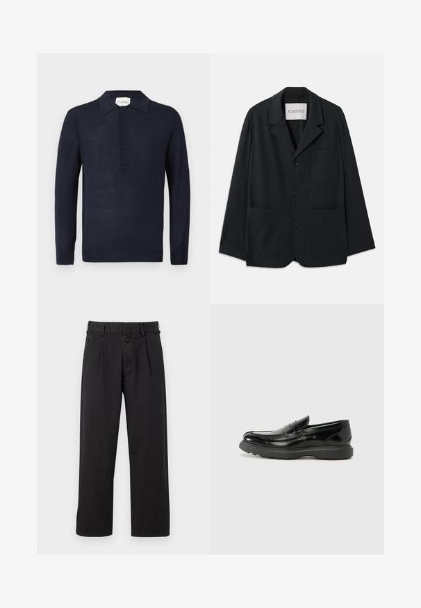 CLOSED WORKWEAR - Blazer - dark night; Marineblauwe lange mouwen polo trui met knoopsluiting en geribde manchetten, weergegeven op een witte achtergrond.; Zwarte katoenen broeken met een rechte snit, met een geplooide voorkant, riemlussen en een knoopsluiting. Gladde textuur zonder patronen.; Zwarte leren instapper met een glanzende afwerking, een ronde neus, subtiele stiksels en een dikke rubberen zool voor duurzaamheid.