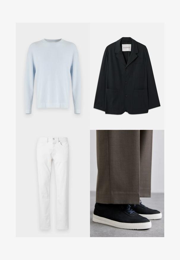 CLOSED - Marynarka; Jasnoniebieski sweter z prążkowanej dzianiny, z okrągłym dekoltem, długimi rękawami i prostym dołem. Teksturowany materiał o miękkim wyglądzie.; Białe dżinsy o prostym kroju wykonane z denimu, z pięcioma kieszeniami, zapięciem na guzik oraz klasycznym krojem z minimalną fakturą.; Czarne zamszowe sneakersy z białymi gumowymi podeszwami, z zaokrąglonym noskiem i sznurówkami, noszone z szarymi dopasowanymi spodniami.