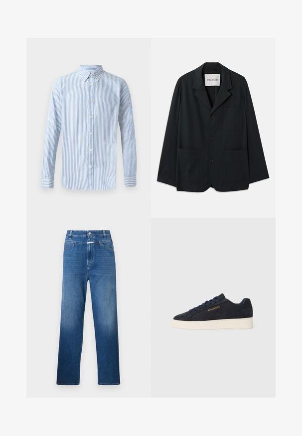 CLOSED WORKWEAR - Blazer - dark night; Lichtblauw overhemd met verticale witte strepen, lange mouwen en een borstzak. Bevat een klein logo aan de onderkant.; Blauwe denim jeans met een rechte pijp, voorzien van een knoopsluiting, riemlussen en subtiele vervaging op de bovenbenen.; Navyblauwe suède lage sneakers met een witte zool, navy veters en het 'Filling Pieces' logo in goud op de zijkant.