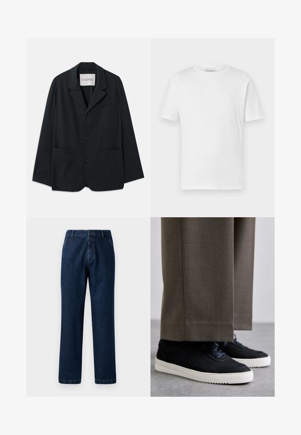 CLOSED WORKWEAR - Švarkas - dark night; Balta trumpa rankovėmis marškinėliai, pagaminti iš medvilnės. Su apvaliu iškirpimu ir tiesiu apatiniu kraštu. Be raštų ar puošmenų. Paprastas dizainas.; Tamsiai mėlyni džinsai su tiesia koja, mygtukų uždarymu ir dirželio kilpomis. Audinys turi subtilų tekstūrą ir klasikinius siuvimo akcentus.; Juodi zomšiniai sportbačiai su baltais guminiais padais, su apvalia nosimi ir raišteliais, dėvimi su pilkais pritaikytais kelnais.