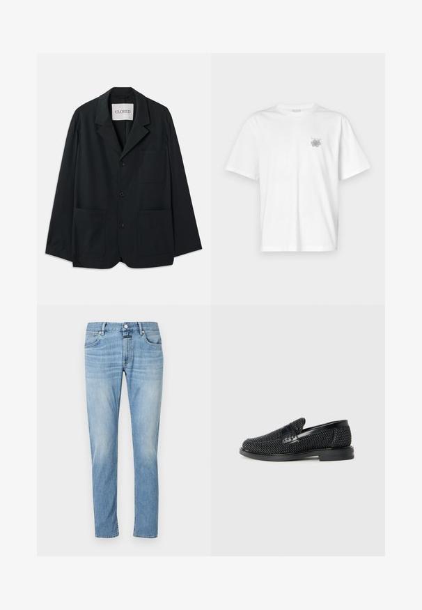 CLOSED - Marynarka; Biała koszulka z bawełny z krótkimi rękawami, okrągłym dekoltem i małym szarym logo po lewej stronie klatki piersiowej. Gładka tekstura.; Jasnoniebieskie dżinsy o prostym kroju, z pięcioma kieszeniami i widocznym przeszyciem. Materiał wydaje się miękki i ma wyblakłe wykończenie.; Czarny, pleciony but wsuwany z gładkim skórzanym akcentem na cholewce, o okrągłym nosku i niskoprofilowej gumowej podeszwie.