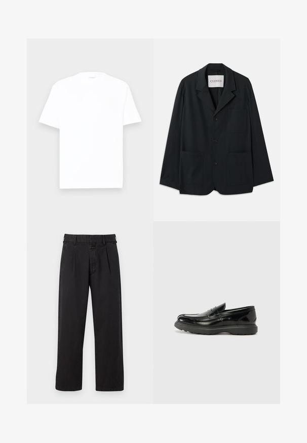 CLOSED WORKWEAR - Blazere - dark night; Hvid bomulds T-shirt med rund hals, korte ærmer og en afslappet pasform. Glat tekstur, minimal dekoration og ingen mønstre eller grafik.; Sorte bomuldsbukser med lige snit, med plisseret front, bæltestropper og knaplukning. Glat tekstur uden mønstre.; Sort læderloafer med en blank finish, rund tå, subtile syninger og en tyk gummisål for holdbarhed.