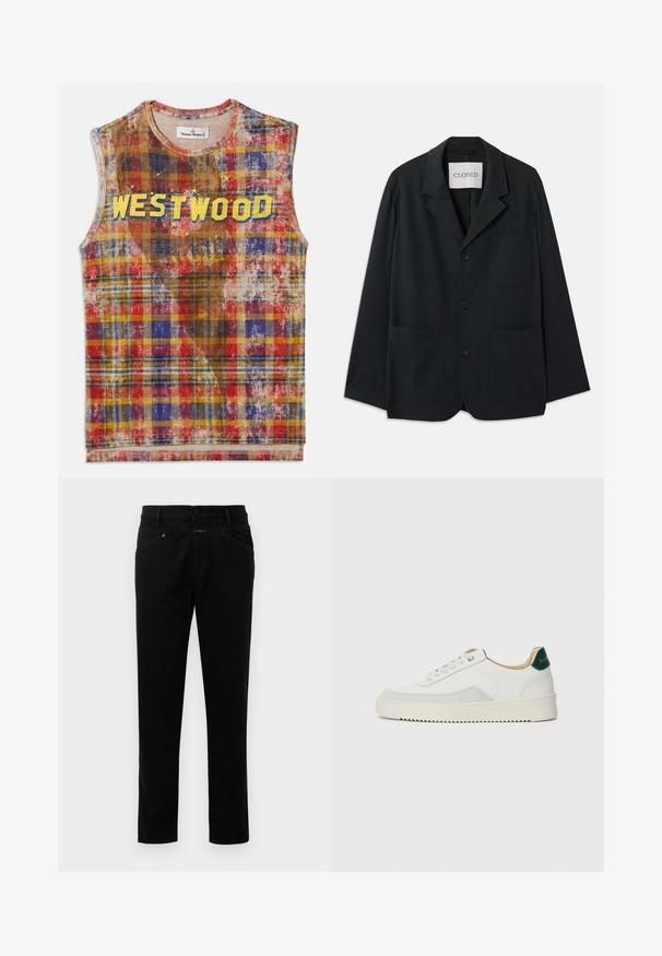 CLOSED WORKWEAR - Blazer - dark night; Top sem mangas em padrão xadrez com tons de vermelho, azul, amarelo e castanho, apresentando a palavra "WESTWOOD" em letras amarelas bold no peito, com acentos de estrelas.; Calças de ganga pretas com um design de perna reta, apresentando um fecho de botão, estilo de cinco bolsos e uma textura suave.; Tênis brancos com detalhes em camurça, bico arredondado, atacadores planos e sola de borracha creme. Apresenta uma marcação verde no calcanhar.