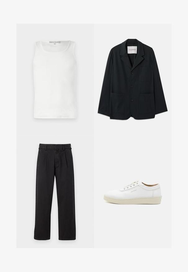 CLOSED WORKWEAR - Bleiserjakk - dark night; Valge puuvillane särk ümmarguse kaeluse ja ilma varrukateta disainiga. Omab ribatekstiuri ja sirget äärest all. ; Mustad puuvillased püksid, sirge lõikega, pleated esiosaga, vöökonksude ja nööbilukuga. Sile tekstuur ilma mustriteta.; Valge nahkne tenniseking, millel on tekstureeritud pind, ümar varbaosa, beež kummitald ning kuus halli paeldokki, millel on külgedel õrn brändimingutus.