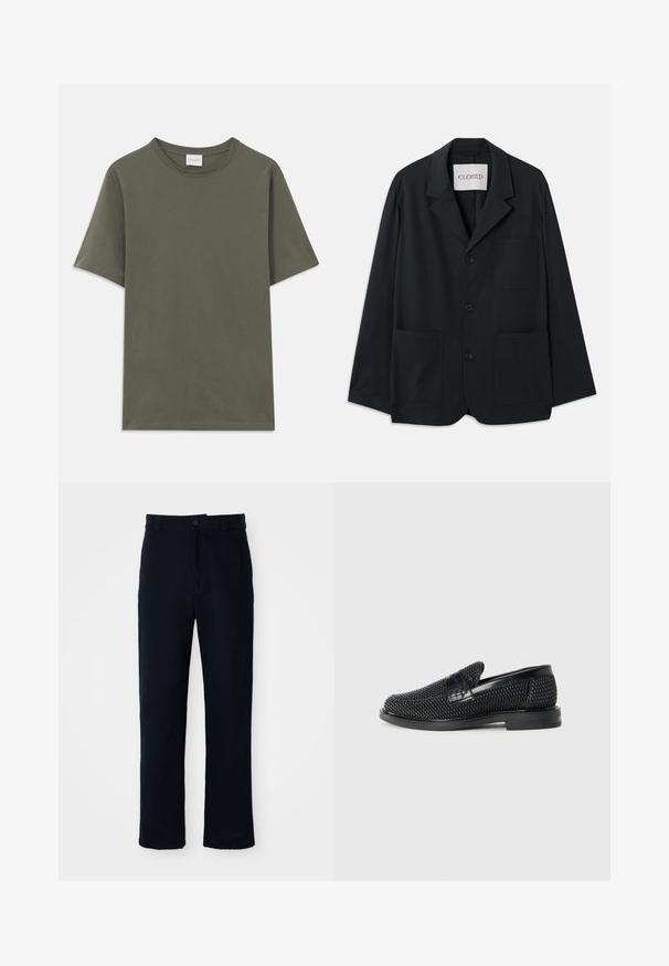 CLOSED WORKWEAR - Bleizers - dark night; Tumši olīvzaļš T-krekls ar īsām piedurknēm un apaļu kakla izgriezumu, ar mazu baltu zīmola etiķeti aizmugurē pie kakla izgriezuma.; Kokvilnas tumši zilas bikses ar taisnu kāju dizainu, priekšējo pogu aizdari un klasisku jostasvietu ar jostas cilpiņām.; Melnas austas slaidu kurpes ar gludu ādas akcentu augšpusē, apaļas formas purngalu un zemas profila gumijas zoli.