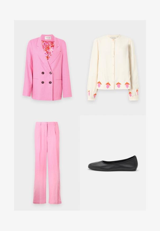 Fabienne Chapot REGGY - Blazer - pink glow; Crème lange mouwen blouse met een ronde halslijn, knoopsluiting en geborduurde bloemenontwerpen in roze en oranje aan de zoom en manchetten.; Roze linnen broek met een relaxte pasvorm, met voorplooien, een knoopsluiting en zijzakken. Glad textuur en recht model.; Zwarte leren ballerina met een ronde neus, gladde textuur, minimale stikdetails en een flexibele zoolontwerp.