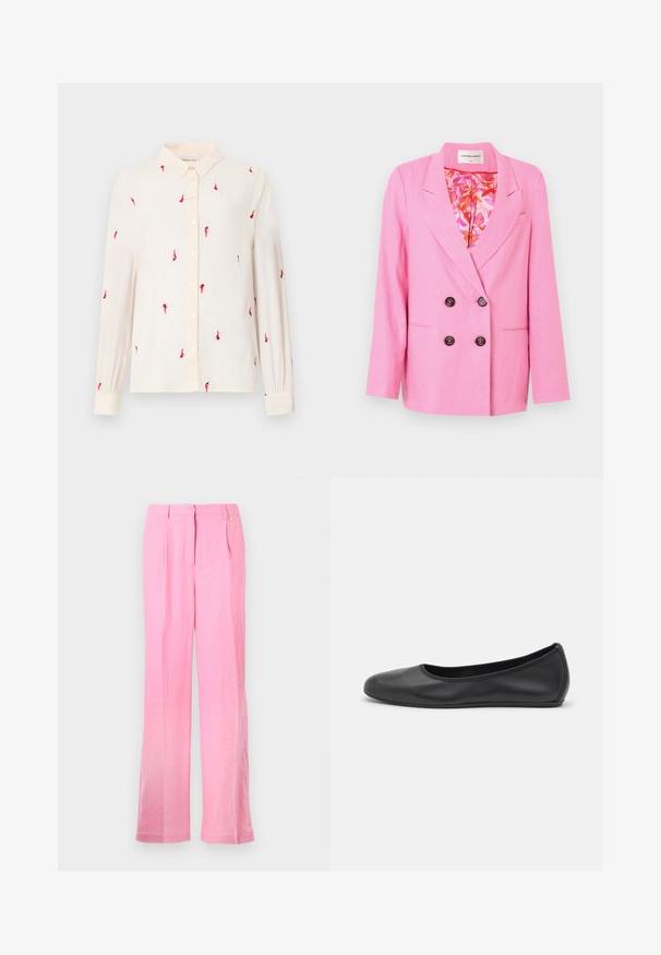 Fabienne Chapot REGGY różowy; Jasno beżowa koszula z długim rękawem i kołnierzykiem zapinanym na guziki, z haftem czerwonych ptaków w całej powierzchni oraz zapięciem na guziki z przodu i przy mankietach.; Różowe lniane spodnie o luźnym kroju, z przodu z zakładkami, z zapięciem na guzik i kieszeniami bocznymi. Gładka tekstura i prosty krój nogawek.; Czarne skórzane baletki z zaokrąglonym noskiem, gładką fakturą, minimalnymi przeszyciami i elastycznym designem podeszwy.