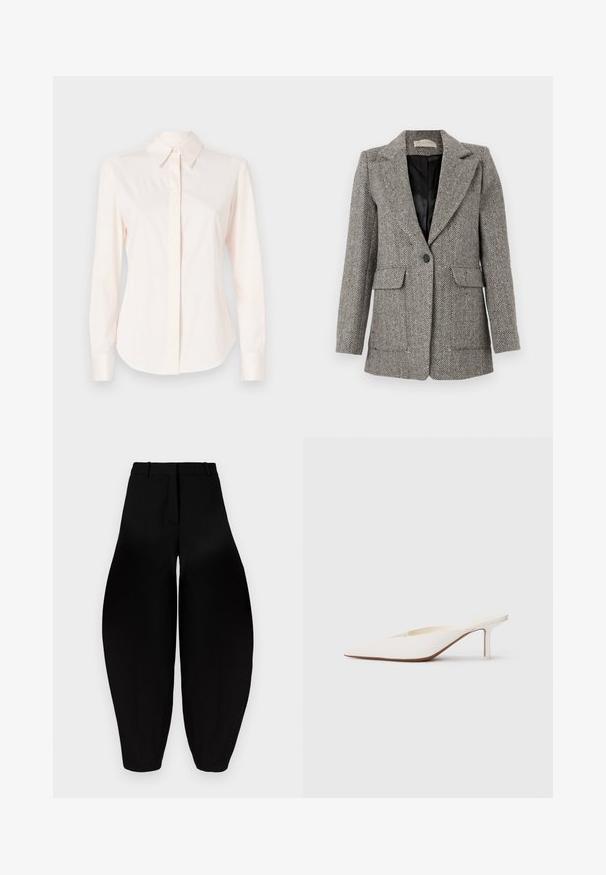 Blazer à motif chevrons en gris, avec col cranté, fermeture à un bouton, deux poches avant et une doublure noire.; Chemise longue à manches longues rose clair en tissu lisse, avec un col classique et une patte de boutonnage, des poignets ajustés et une coupe cintrée.; Pantalons larges noirs à taille haute, avec un devant plissé et des chevilles fuselées. Fabriqués dans un tissu lisse avec une finition mate.; Mule blanc à bout pointu avec un talon stiletto bas. Fabriqué en matériau lisse avec un design minimaliste et un subtil détail de semelle beige.