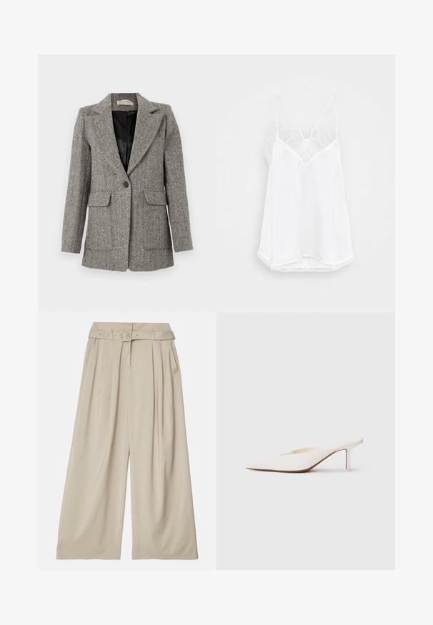 Pelēks žakete ar zivs kaula rakstu, kam ir iespiests atloks, viens pogas aizdare, divas priekšējās kabatas un melna oderējuma oderējums.; Balts topiņš ar V veida kakla izgriezumu, plānām siksnām, teksturētu mežģīņu akcentiem uz pleciem un izliekta apakšmala. Gluda auduma tekstūra.; Plati kāju bikses gaiši bežā audumā. Iekļauj augstu jostasvietu, priekšējos krokas un atbilstošu jostu ar metāla sprādzi.; Punktveidīgi baltie mūļi ar zemu stiletto papēdi. Izgatavoti no gludas materiāla ar minimālistisku dizainu un smalku brūnganu zoles akcentu.