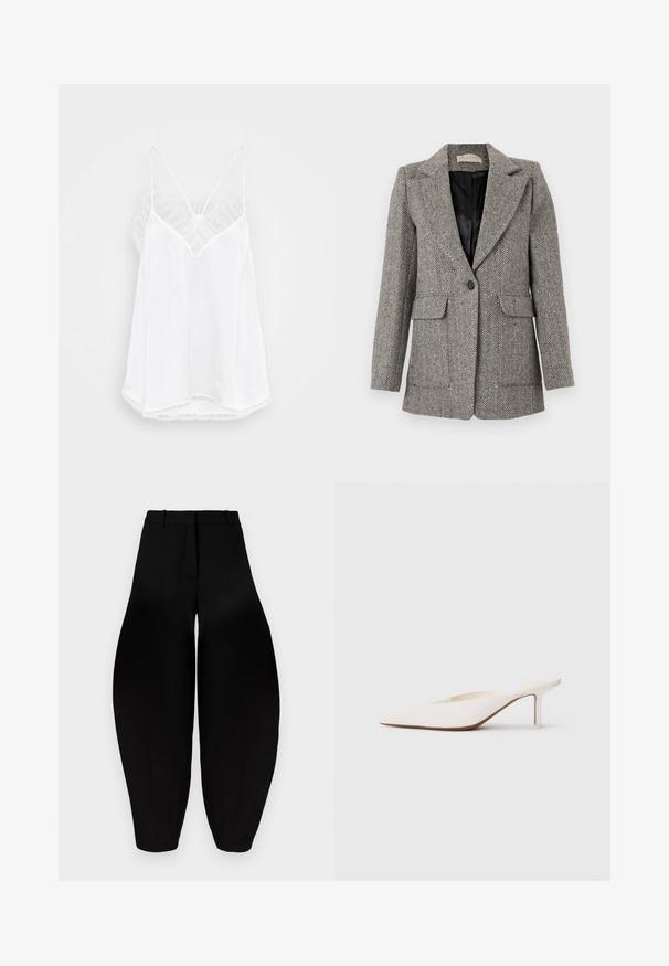 Grijs blazer met visgraatpatroon, voorzien van een kraag met inkeping, enkele knoopsluiting, twee steekzakken aan de voorkant en een zwarte voering.; Witte cami met een V-halsontwerp, dunne bandjes, gestructureerde kantaccenten op de schouders en een gebogen zoom. Gladde stoftextuur.; Zwarte wijde broek met hoge taille, geplooide voorkant en taps toelopende enkels. Gemaakt van een gladde stof met een matte afwerking.; Witte muiltjes met spitse neus en een lage stilettohak. Gemaakt van glad materiaal met een minimalistisch ontwerp en subtiele tan kleurige zooldetails.
