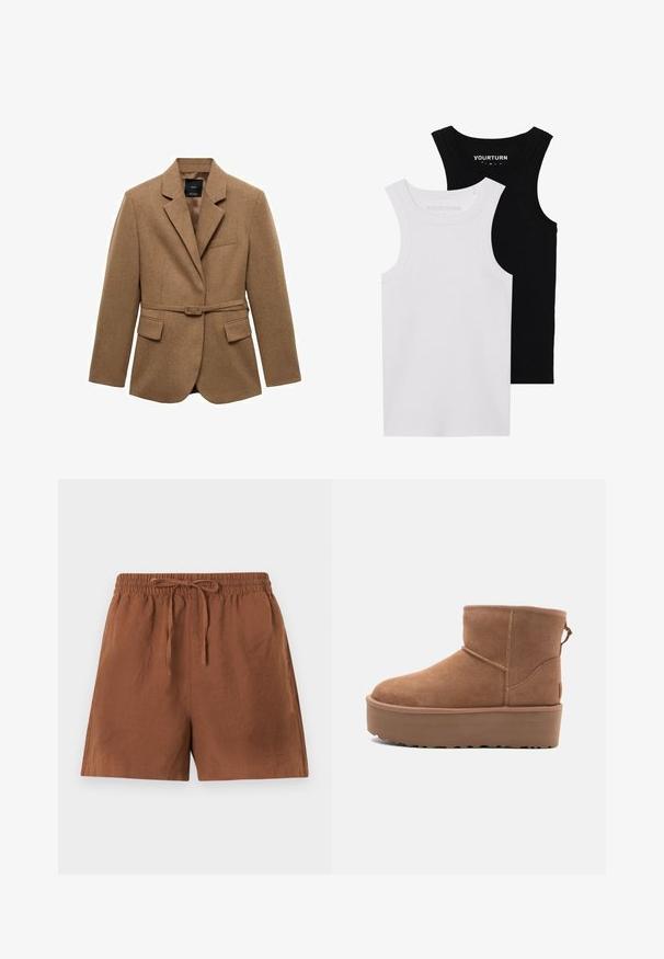 Hnědý blejzr s páskem vyrobený z texturované tkaniny, s klopovým límcem, jednou náprsní kapsou a dvěma předními kapsami. Přiléhavý střih.; Dvoubarevné upnuté topy bez rukávů v černé a bílé barvě. Vyrobené z žebrované bavlny, mají široká ramínka a zaoblené výstřihy. Branding na límci.; Hnědé, lehké šortky s elastickým pasem a tkaničkou. Mají volný střih a hladkou texturu, vhodné na běžné nošení.; Hnědé semišové kotníkové boty s platformou, zaoblenou špičkou a prošíváním; mají poutko vzadu pro snadné obouvání.