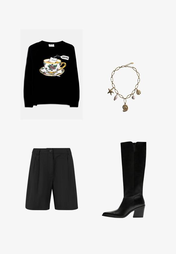 Zwarte cropped blazer met notch lapel, sluiting met één knoop en lange mouwen. Combineer met hoge zwarte broek voor een gecoördineerde look.; Zwarte trui met een geborduurde theekop met een theezakje en bloemdecoratie. Het ontwerp omvat een schotel onder de kop.; Zwarte shorts met een op maat gemaakte ontwerp, met voorplooien, een vlakke voorkant en een enkele knoopsluiting. Gladde stof textuur.; Zwarte laarzen tot de knie van soepel leer, met een puntige neus, een blokhak en een V-vormige uitsparing aan de bovenkant.; Mango Ketting - gold-coloured