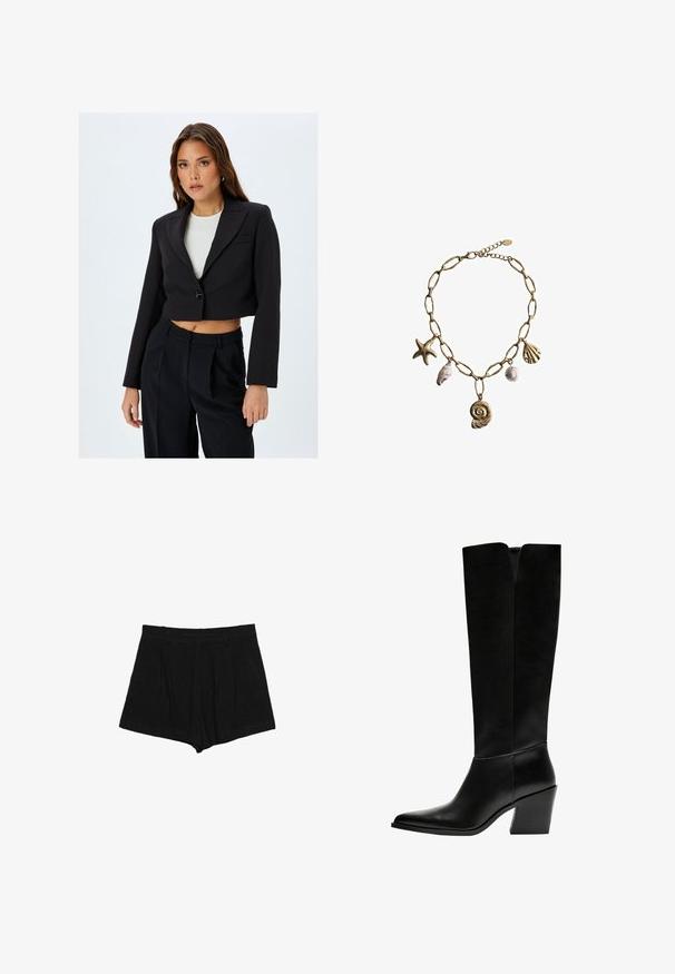 Blazer nero corto con rever a nota, chiusura a un bottone e maniche lunghe. Abbinalo a pantaloni neri a vita alta per un look coordinato.; Due t-shirt aderenti: una crema e una nera. Realizzate in cotone morbido e testurizzato, con maniche corte e scollatura rotonda.; Pantaloni neri realizzati in un tessuto testurizzato, con un design plissettato, vita media e una vestibilità dritta senza chiusure visibili.; Stivali neri al ginocchio in pelle liscia, con punta appuntita, tacco a blocco e un'apertura a forma di V nella parte superiore.; Mango Collana - gold-coloured