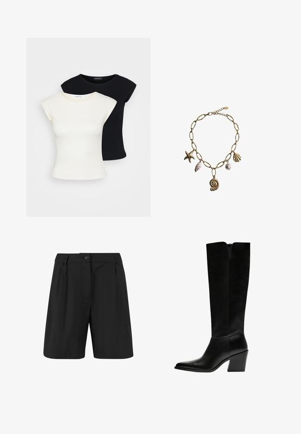 Blazer nero corto con rever a nota, chiusura a un bottone e maniche lunghe. Abbinalo a pantaloni neri a vita alta per un look coordinato.; Due t-shirt aderenti: una crema e una nera. Realizzate in cotone morbido e testurizzato, con maniche corte e scollatura rotonda.; Pantaloni corti neri con un design sartoriale, caratterizzati da pieghe frontali, una parte anteriore piatta e una chiusura con un solo bottone. Tessuto dalla superficie liscia.; Stivali neri al ginocchio in pelle liscia, con punta appuntita, tacco a blocco e un'apertura a forma di V nella parte superiore.; Mango Collana - gold-coloured