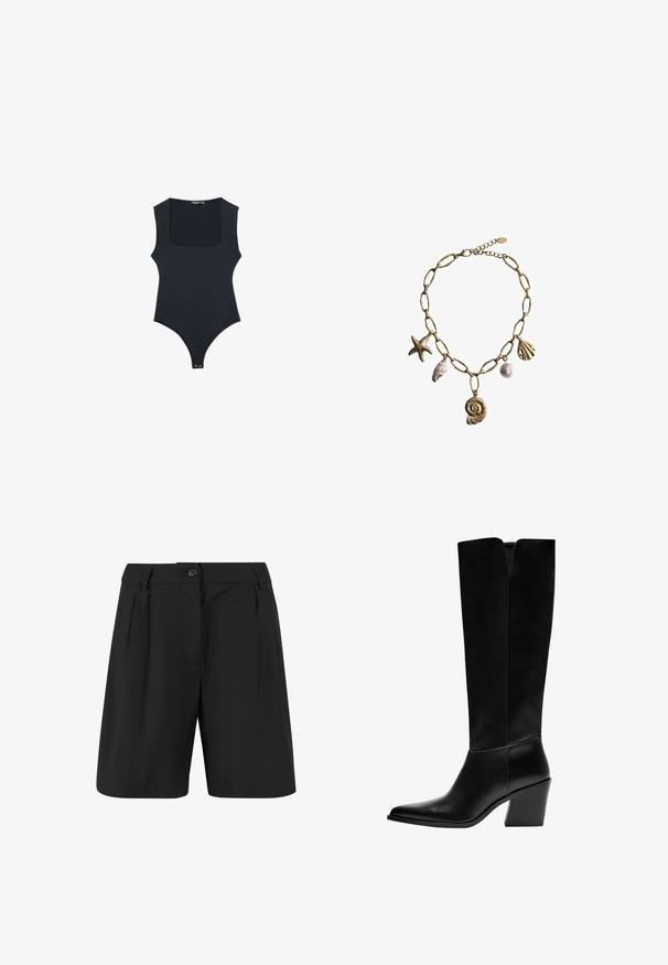 Black cropped blazer with a notch lapel, single button closure, and long sleeves. Pair with high-waisted black trousers for a coordinated look.; Black bodysuit with a square neckline, sleeveless design, and thong back. Made from smooth, stretchy fabric. Features snap closure at the bottom.; Black shorts with a tailored design, featuring front pleats, a flat front, and a single button closure. Smooth fabric texture.; Black knee-high boots made of smooth leather, featuring a pointed toe, a block heel, and a V-shaped cutout at the top.; Mango Necklace - gold-coloured