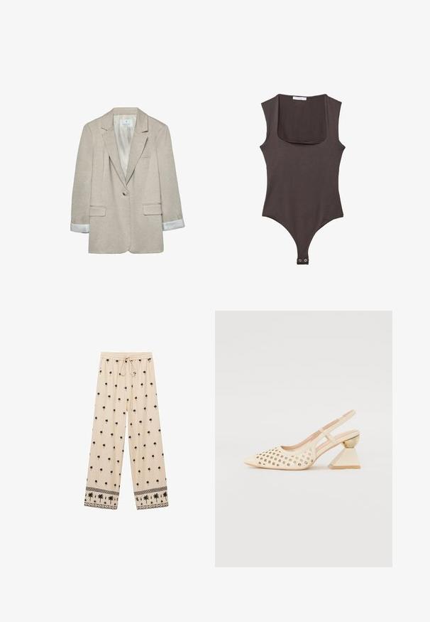 Beige blazer van lichtgewicht stof, met een enkele knoopsluiting, met opstaande revers en gestreepte manchetten. Twee voorzakken inbegrepen.; Bruine mouwloze bodysuit met vierkante hals, gemaakt van zachte stof. Bevat een drukknoopsluiting aan de onderkant en heeft een aansluitende silhouet.; Beige wijde broek met zwart palmbomenpatroon, elastische tailleband met trekkoord, en contrasterende gedessineerde afwerking aan de rand.; Beige slingback schoen met geperforeerde bovenkant, puntige neus en een contrasterende driehoekige hak met een gouden accent. Over het algemeen een gladde textuur.
