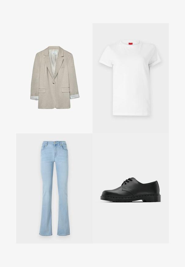 Béžový blazer z lehkého materiálu, s jednoduchým zapínáním na knoflík, klopovými límci a pruhovanými detaily na rukávech. Obsahuje dvě přední kapsy.; Bílý tričko s krátkým rukávem vyrobené z lehké bavlny. Má kulatý výstřih a ohrnuté rukávy. Červená nášivka s logem na límci.; Světle modré rozšířené džínsy z denimového materiálu, s vysokým pasem, pěti kapsami, předním knoflíkem a minimálními švy.; Černé kožené oxfordy s šněrováním, zakulacenou špičkou, plochou gumovou podrážkou a jemným prošíváním podél svršku.