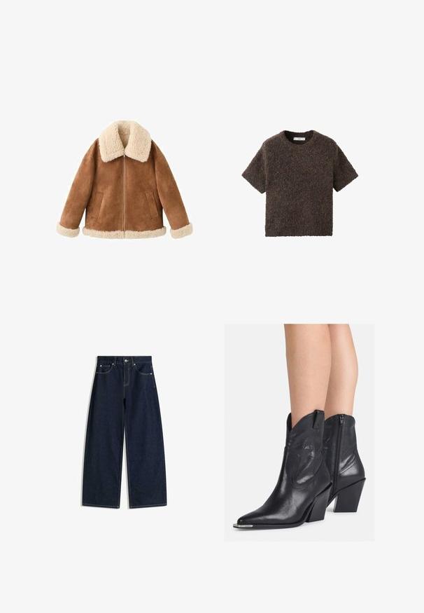 Jachetă din suede maro cu guler și manșete din blană sintetică crem. Prezintă un închidere cu fermoar frontal și două buzunare laterale. Textură moale și croială lejeră.; Top cu mâneci scurte și guler rotund, realizat dintr-un material pufos și texturat. Culoarea este un maro închis cu variații subtile. Design simplu, cu o croială dreaptă.; Blugi din denim albastru închis cu picioare largi, buzunare frontale, închidere cu nasturi și cusături vizibile pe un fundal alb.; Botine negre din piele, cu vârful ascuțit, partea superioară curbată și fermoar pe lateral. Au toc gros și detalii de cusătură subtile.