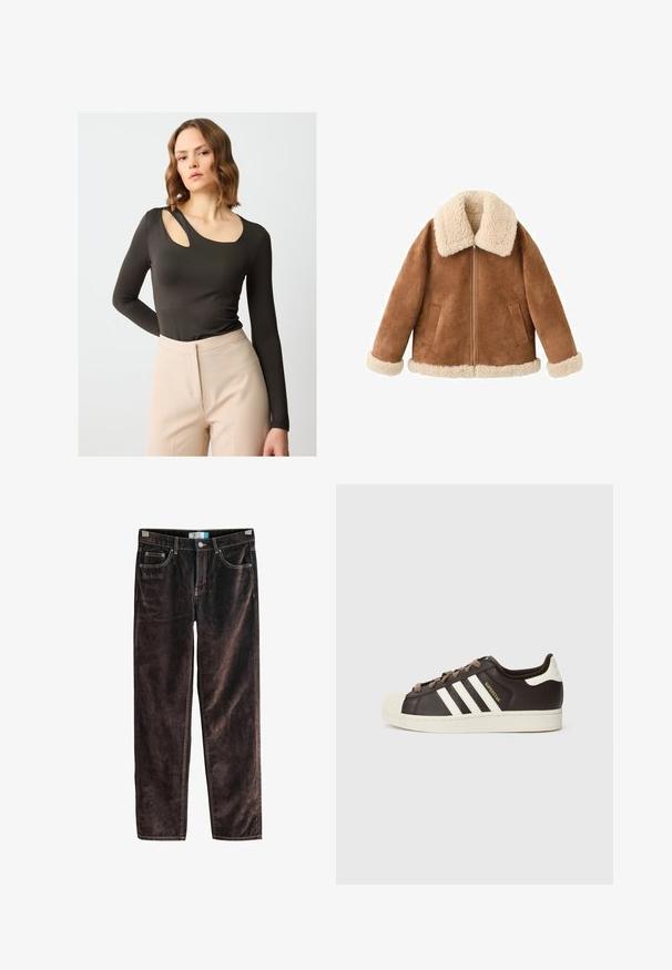 Bruine suède jas met een crème nepleren kraag en manchetten. Voorzien van een ritssluiting aan de voorkant en twee zijzakken. Zachte textuur en een relaxte pasvorm.; Donkergroene langemouwen top met een unieke uitsnijding op één schouder, een gladde stof en een getailleerde pasvorm, gecombineerd met beige high-waisted broek.; Bruine corduroy rechte broek met vijf zakken, contrasterende stiksels en een knoopsluiting bij de taille. Zachte textuur met een geribbeld patroon.; Low-top Adidas Superstar sneaker in donkerbruin leer met crème shell-toe, witte strepen en de tekst "Superstar" aan de zijkant.