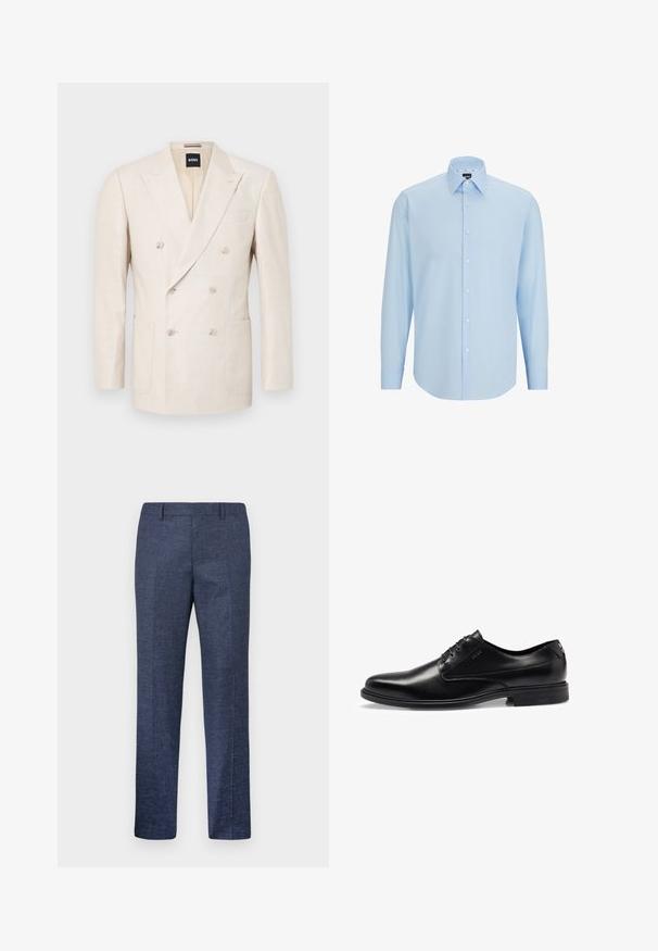 Blazer beige à double boutonnage en tissu texturé. Présente deux poches plaquées et un col cranté. Étiquette de marque visible à l'intérieur du col.; Chemise de dress bleu clair à manches longues, en tissu lisse, dotée d'une fermeture à boutons, d'un col pointu et d'une coupe classique.; Pantalon bleu marine en tissu texturé, avec des jambes droites, un devant plat et deux poches latérales. Pas de motifs ou d'accents visibles.; Chaussure habillée en cuir noir avec une finition lisse, un design à lacets, un bout arrondi et des détails de couture subtils. Elle se distingue par sa semelle en caoutchouc noire.