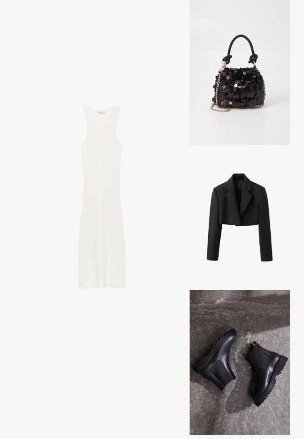 Black cropped blazer featuring a notched collar, single front pocket, structured shoulders, and smooth fabric texture.; White, sleeveless, ribbed knit dress with a fitted silhouette, reaching below the knees. Simple and minimalist design, without patterns or hardware.; Black ankle boots with a chunky sole, elastic panels, and a smooth leather finish. Noticeable ridged outsole and sleek silhouette.; Black sequin mini handbag with a knotted textured strap and silver chain. Rounded shape with gathered top and reflective detailing.